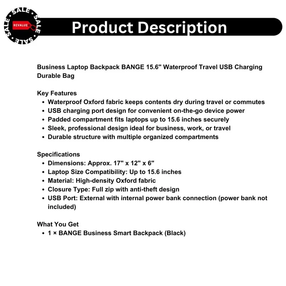 Business Laptop Backpack BANGE 15.6